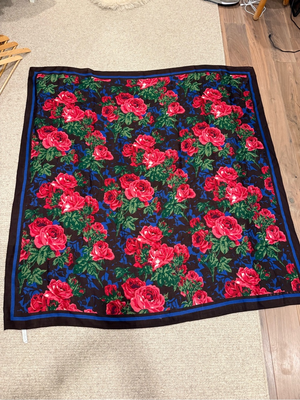 VINTAGE Perry Ellis 48” square wool scarf floral roses made in Japan